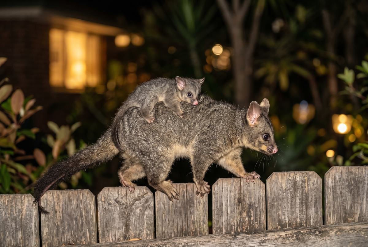 Mother brushtail possum carrying her joey
