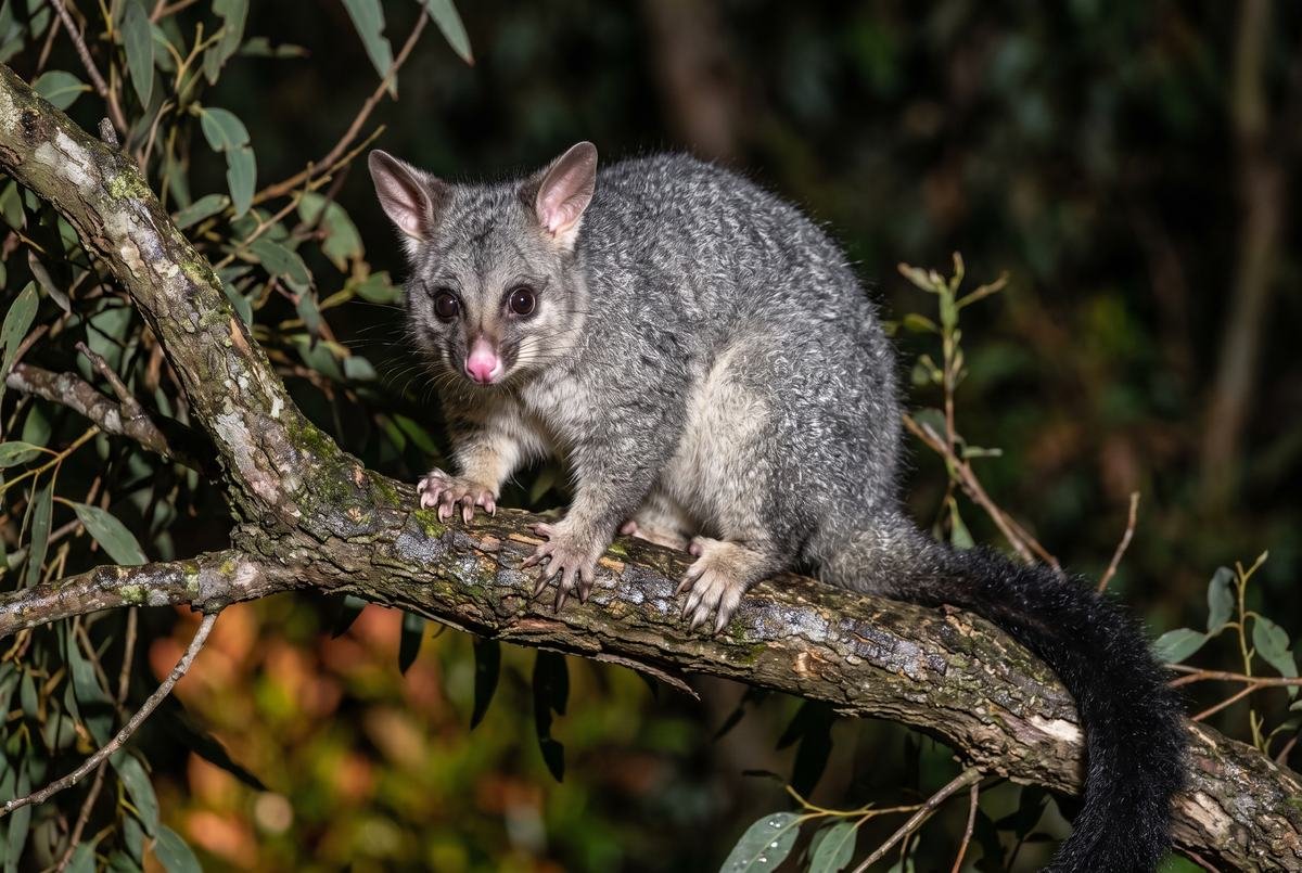 Common brushtail possum with large ears and bushy black tail