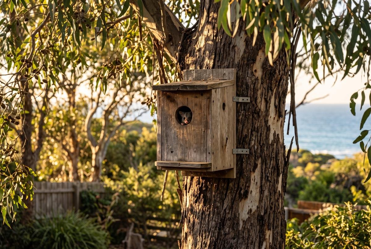 Timber possum nesting box installed on a gum tree