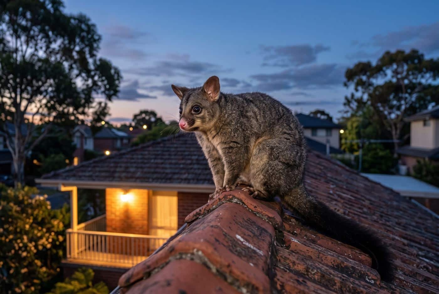 Brushtail possum on a tiled roof at dusk on the Mornington Peninsula