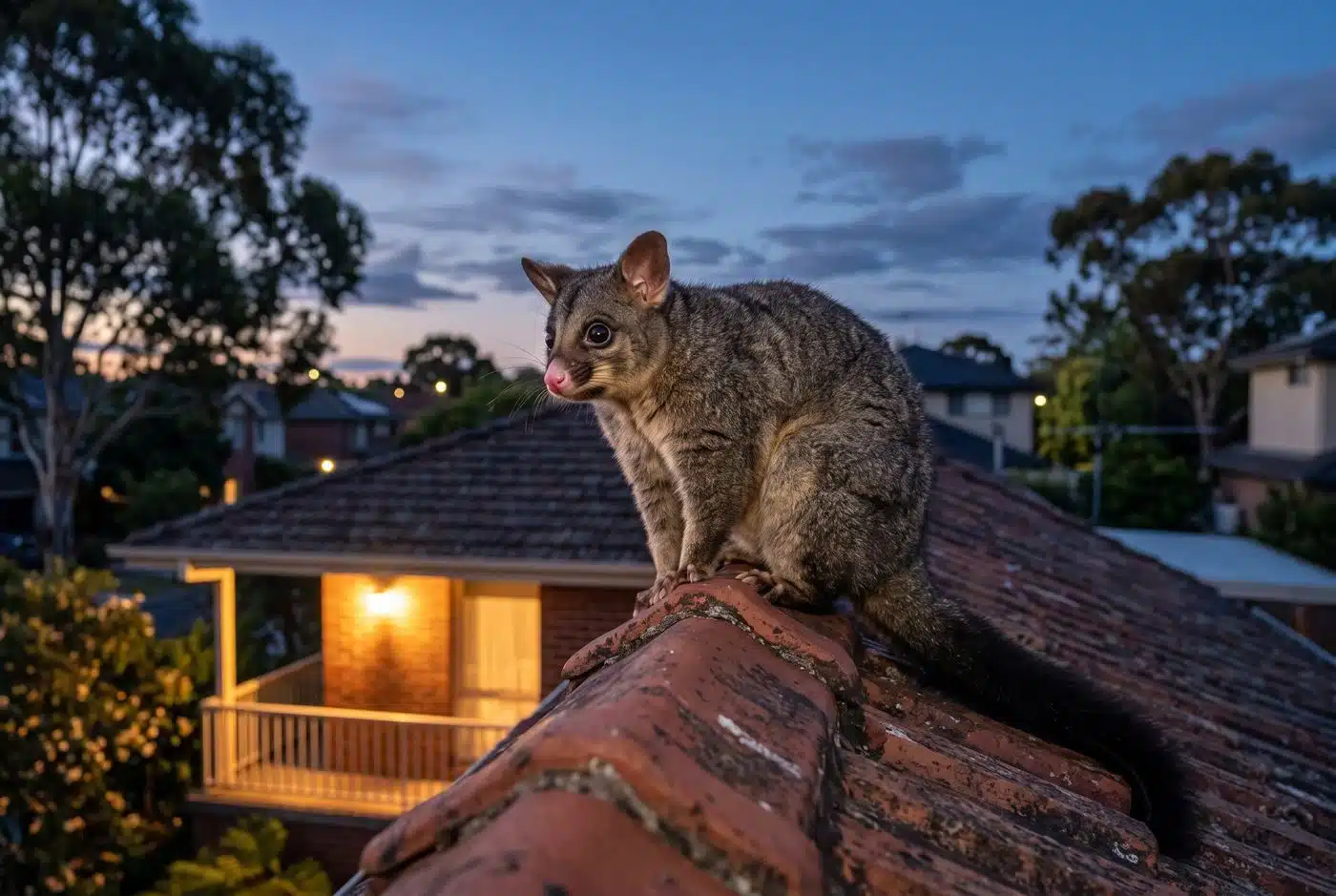 Brushtail possum on a tiled roof at dusk on the Mornington Peninsula