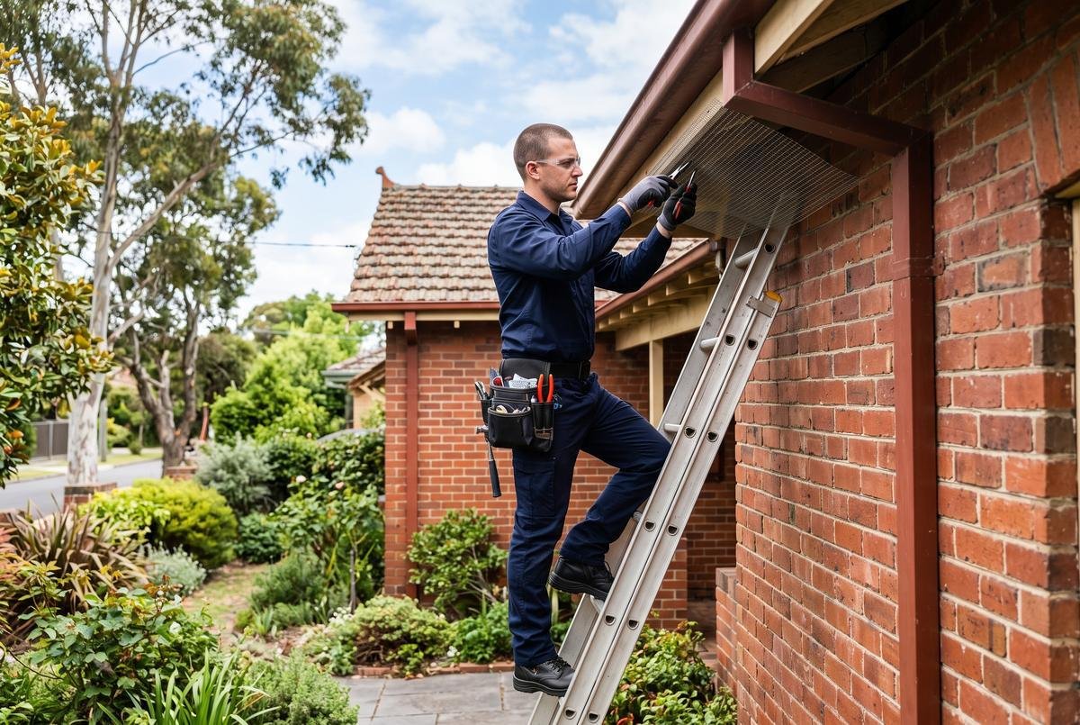 Galvanised mesh possum proofing being installed on a roof