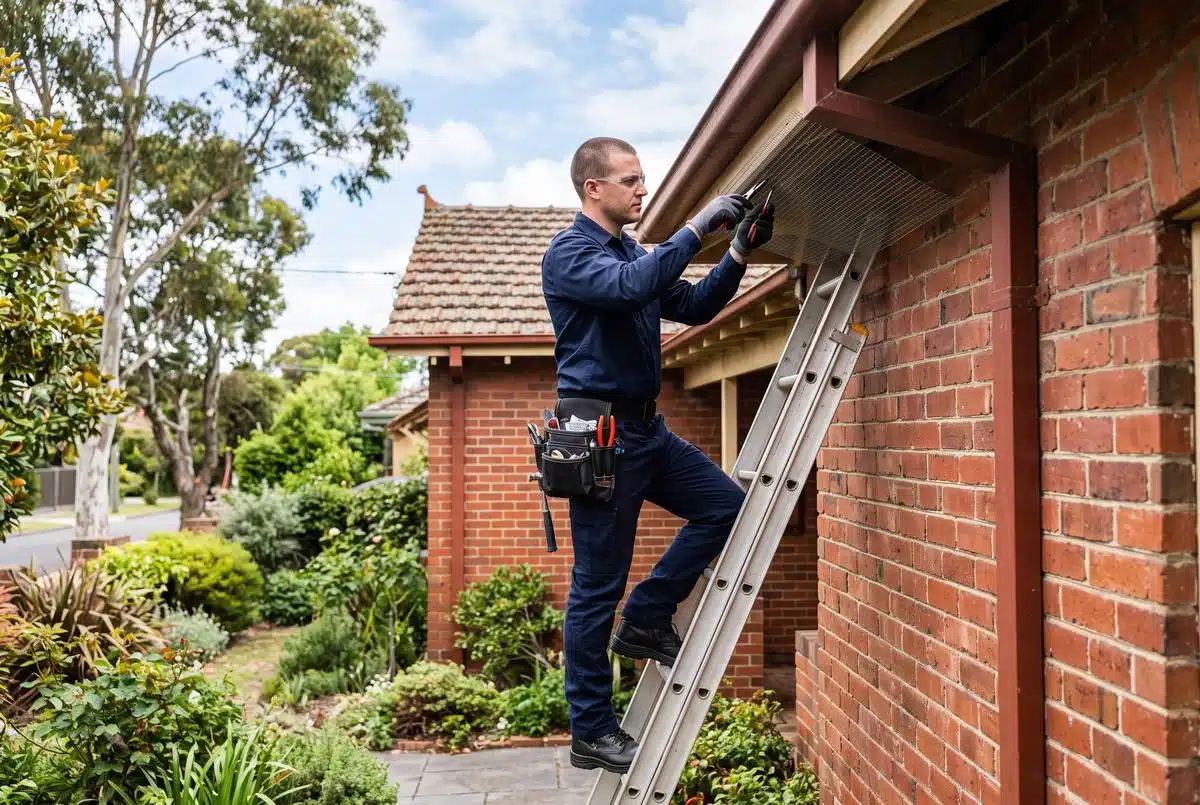 Galvanised mesh possum proofing being installed on a roof