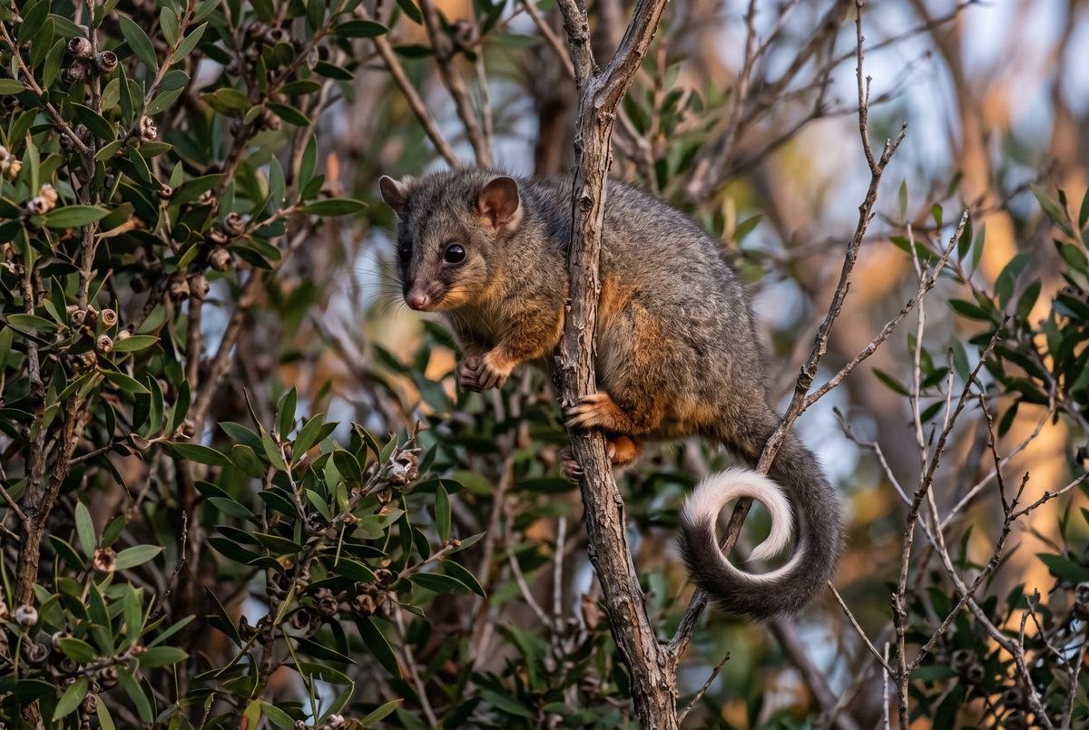 Common ringtail possum with a white tipped curled tail